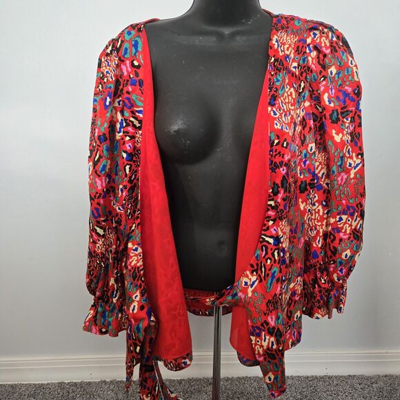 Tanya Taylor Kaylee Silk Red Wrap Blouse women's sz 6 Mixed Animal Print - Picture 6 of 11